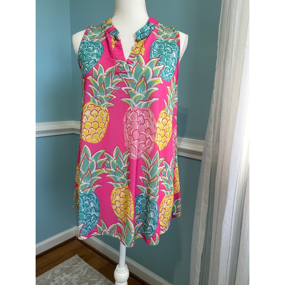 Simply Southern Pink Pineapple Sleeveless Tunic Top Small Tropical Preppy Summer